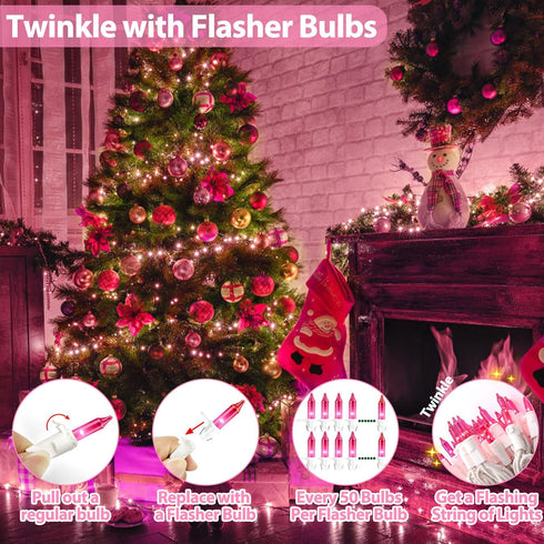 Pink Christmas Lights 25FT 100 Incandescent Bulbs with White Wire for Valentine's Day, Wedding, Party, Indoor & Outdoor