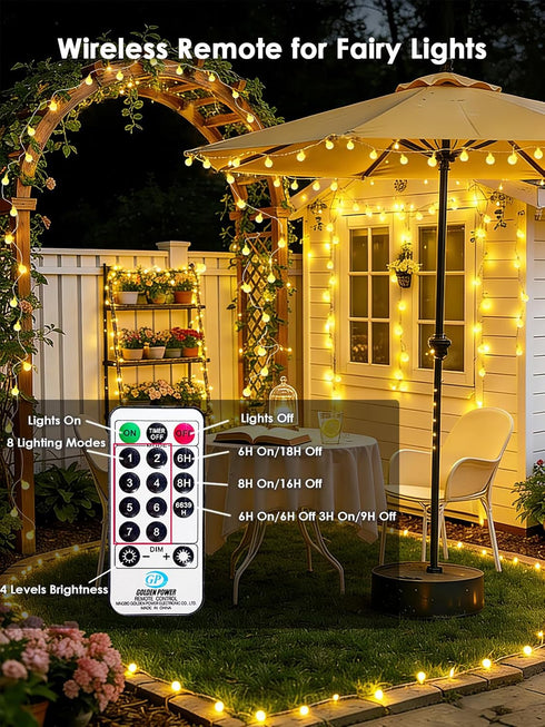 43FT 100LED 8 LORRYTE Connectable Globe String Lights | Modes Warm White String Lights Plug in with Remote | Hanging