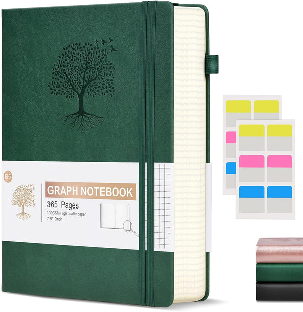 Graph Paper Journal, 360 Numbered Pages, Thick 100gsm Graphing Paper, B5 Large Hardcover for Writing (Green)