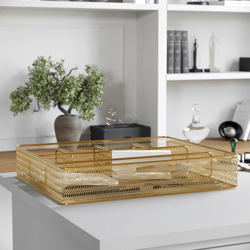 Martha Stewart Ryder Gold Mesh Metal Desk Drawer Organizer, 6 Compartment for Accessories and Office Supplies