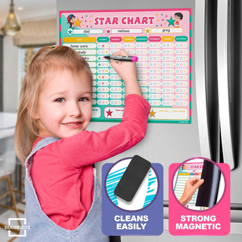 Magnetic Reward Chart for Kids Dry Erase 13” X 17” Multiple Kids Refrigerator Star Behavior Chore Chart for Kids at Home - Magnetic Whiteboard for Fridge - 6 Dry Erase Markers Included by Scribbledo