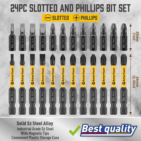 Amartisan 24-Piece Screwdriver Bit Set - Magnetic Slotted Phillips Driver Bits, S2 Steel, Long Drill Bits