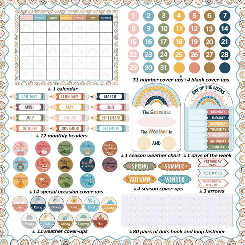 Calendar Bulletin Board Set - Seasons Weather Chart CTP Display with Stickers for School Classroom (Rainbow Style)