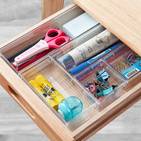 DCA 14 PCS Clear Plastic Drawer Organizer Tray, 4 Sizes for Makeup, Kitchen Utensils, Jewelry Storage
