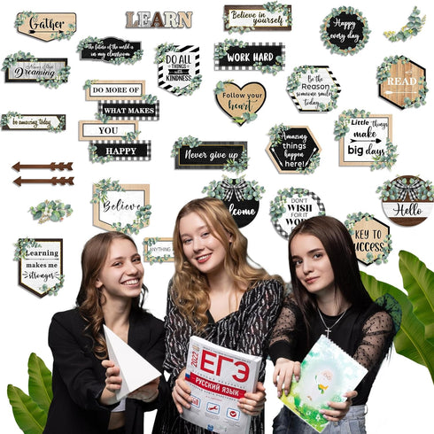 Bulletin Board Decoration Eucalyptus Classroom Posters, Positive Sayings Inspirational Motivational Decor Set for