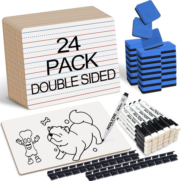 Set of 24 Dry Erase Boards for Kids, Double Sided Mini Whiteboards with Lines for Classroom Use, 9"x12"