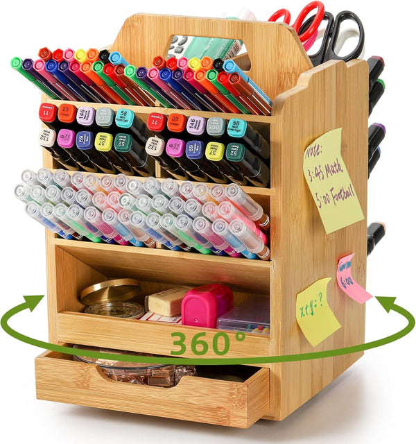 SOUJOY Bamboo Pen Holder Organizer, 360° Rotating Art Supply Storage Caddy for 400+ Pencils, 15 Compartments
