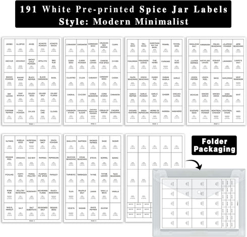 GPOVVIMX 191 Spice Jar Labels Preprinted Minimalist Stickers - White Waterproof Label - Fit Round or Rectangle Spice