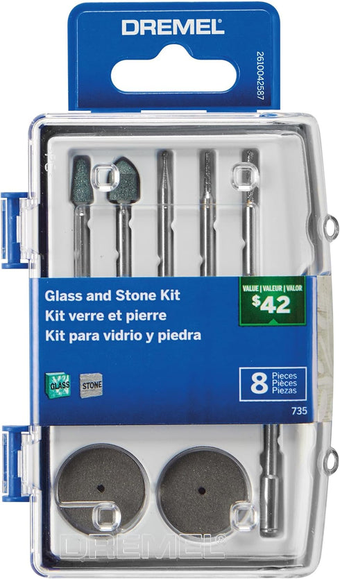 Dremel 735-01 Glass Etching Rotary Tool Kit, 8 Piece Set with Grinding Stones, Polishing Disc, Blue