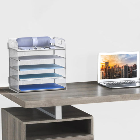 Letter Tray Paper Organizer, 5-Tier White Desk Organizer with Handle for Metal Desktop Document Shelf & Classroom