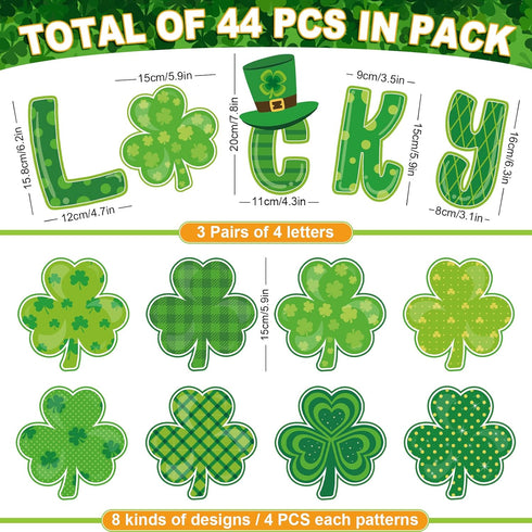 Whaline St. Patrick's Day Shamrock Cut-Outs, Green Clover Classroom Bulletin Board Decoration, 44Pcs