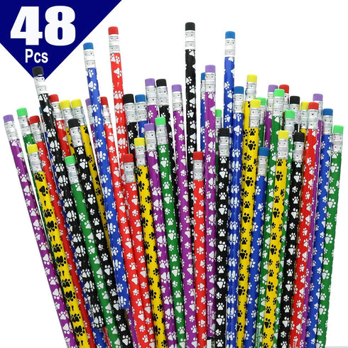 GiftExpress 48 Pcs Paw Print Pencils, Colorful Wooden Pencils with Eraser for School Supplies