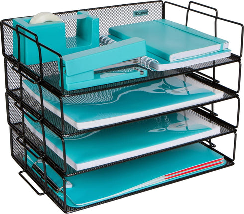 Stackable Paper Tray Desk Organizer - 4-Tier Metal Mesh Letter Organizers for Business, Home, School, Multi-Functional