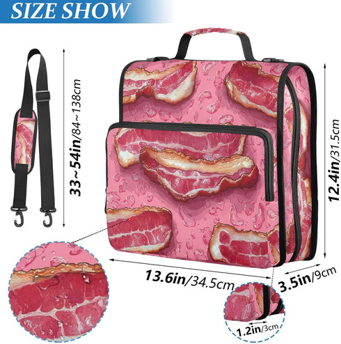 Fisyme 3 Cartoon Bacon Meat Cute Zipper Binder Ring with Zipper and Shoulder Strap Large Capacity Multi-Pocket Binder
