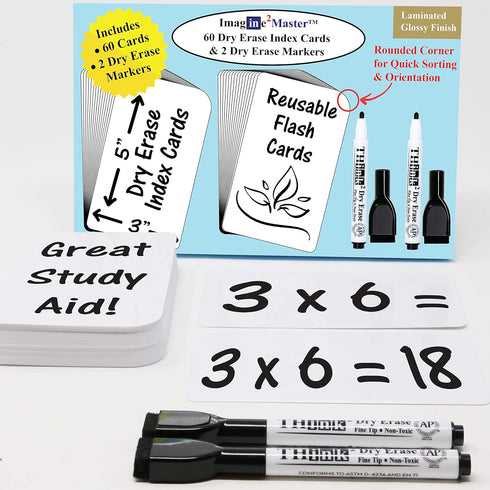 Imagine2Master 60 Blank Dry Erase Index Cards (3” X 5”) with 2 Dry Erase Markers - Glossy Laminated Finish