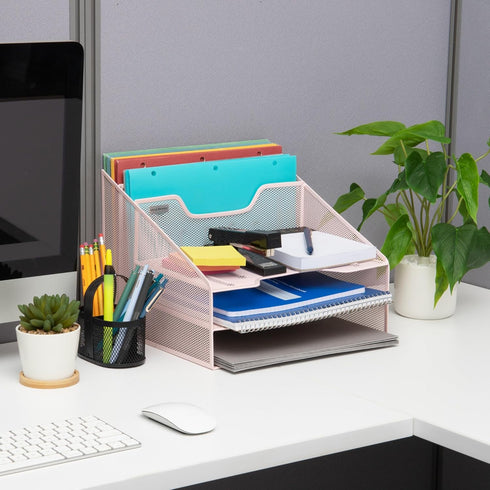 Mind Reader Desktop Organizer, Vertical File Holder, Metal Mesh, 12.5" L x 11.5" W x 9.5" H, Pink