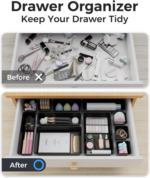 BiuLeon 25 Set, 4-Sizes PCS Plastic Drawer Organizers Vanity and Makeup Organizer, Desk and bathroom Drawer Organizer