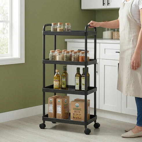 4-Tier (Black-2pcs) Rolling Utility Cart with Handle Multi-Functional Storage Trolley with Wheels, Movable Organizer