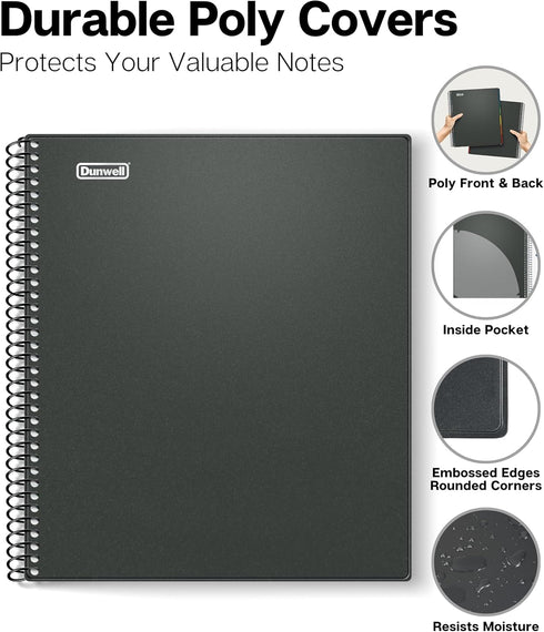 Dunwell 5-Subject College Ruled Notebook, 8.5 x 11, 200 Sheets (400 Pages), Spiral Notebook with Movable Pocket Dividers