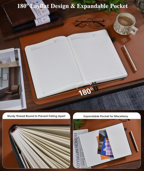 Lined Leather Journal Notebook, Hardcover, 256 Numbered Pages, A5 Journaling Notebooks for Business Work School, Black