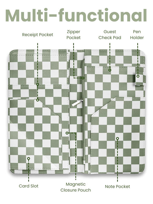 Cute Server Book for Waitress with Zipper & Magnetic Pockets Retro Checkerboard Guest Check Holder Organizer