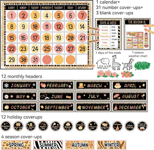 Safari Jungle Animal Calendar Bulletin Board Set Simply CTP Bulletin Board Calendar Seasons Weather Chart Animal Classroom Decoration with Season, Weather and Days of the Week Chart Back to School