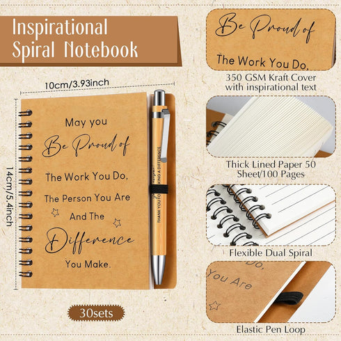 Yeaqee 30 Sets Inspirational Notebook, Bulk Notepad with Motivational Bamboo Ballpoint Pen for Employee Retirement Gift