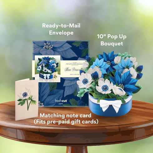 Poinsettia, 10 Inch 3D Freshcut Paper Pop Up Cards, Blue Life Sized Forever Flower Bouquet Popup Greeting Cards