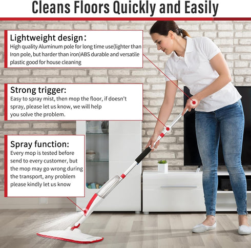 Mops for Floor Cleaning - Wet Spray Mop with 14 oz Refillable Bottle and 2 Washable Microfiber Pads for Home Use