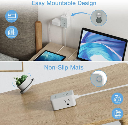TESSAN Small Flat Plug Power Strip, Ultra Thin Extension Cord with 3 USB Wall Charger, 3 Outlets Mini Charging Station