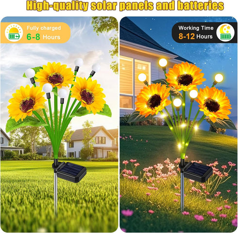4 Pack Solar Sunflower Lights Outdoor Garden Decor, Upgraded with Firefly Lights, Waterproof Solar Flower Stake