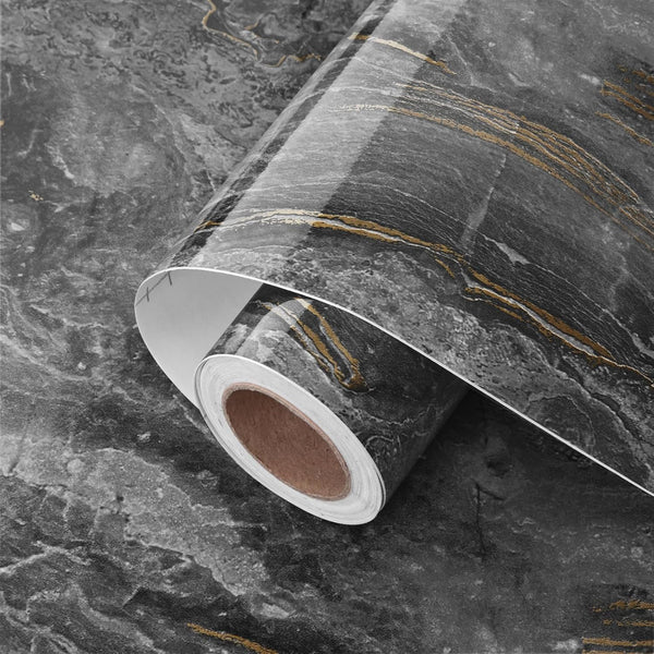 Black/Gold Marble Contact Paper, Peel and Stick Glossy Waterproof Wallpaper for Cabinets, Shelf 15.7"X78.8"