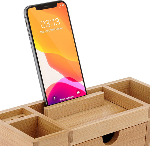 Bamboo Desk Organizer - Durable Wood with Drawers, Storage Compartments, Pen Holder, Phone Holder for Office