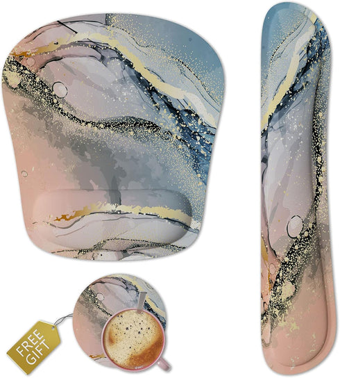 Keyboard Wrist Rest Memory Foam Ergonomic Mouse Pad with Non-Slip Rubber Base, Pink Marble