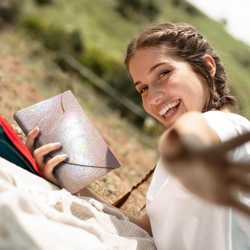 Rainbow PU Hardcover Journal, Magnetic Heart Flap Irregular Holographic Cracked Grain Leather Notebook with 8mm Lined
