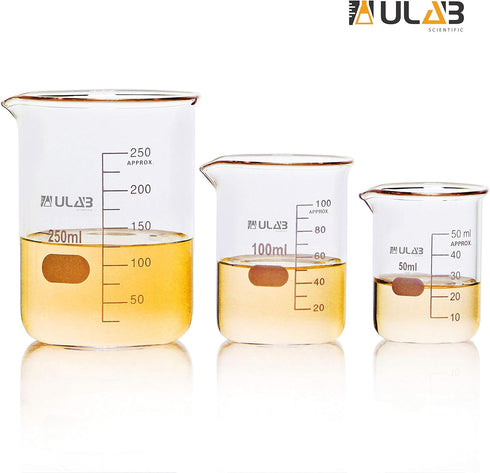 ULAB Scientific Glass Beaker Set, 3 Sizes 50ml 100ml 250ml, 3.3 Boro Griffin Low Form with Printed Graduation, UBG1001 by ULAB