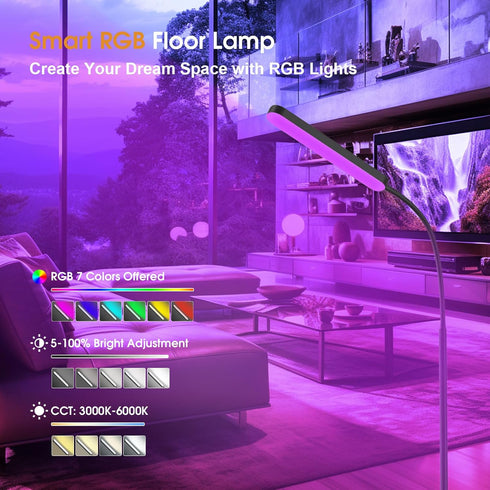 Wio-Mio Dimmer 3000K-6000K, Floor Lamps, RGB Color Changing Bright LED Floor Lamp with Stepless Adjustable Smart Remote
