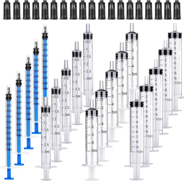20 Pack Plastic Syringes - 1ml / 3ml / 5ml / 10ml, Sterile Packaging Syringe Without Needle, Caps