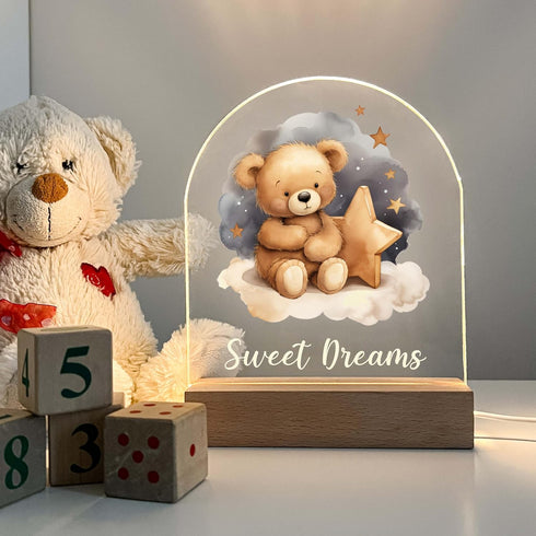 Teddy Bear Frame Night Light Up Table Wood Base LED Desk Stand Plaque Nursery Decor Sweet Dreams Night Light Kids Baby