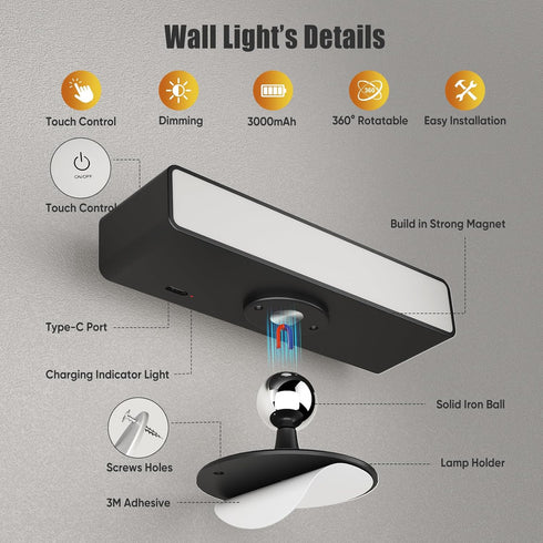 2 Pack, Dimmable, 360 Honalia Adhesive Wall Lights for Bedroom Rechargeable Wall Lights with Magnetic & Rotation