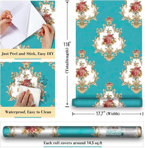 5482 Luxury Damask Peel and Stick Wallpaper 17.7" 9.8ft, Cyan Peony Floral Self Adhesive Decorative Paper