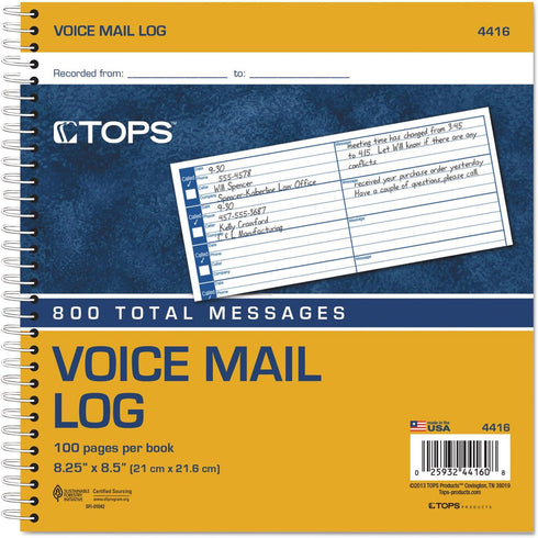 TOPS 8.5 x 8.25 Inches Spiral Voice Message Log Book, 800-Message Book (4416), Manila, 8 Messages/Page