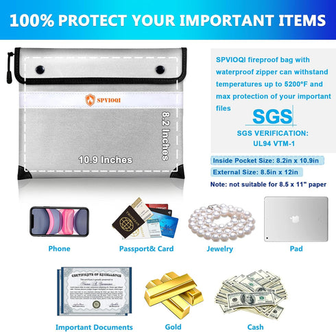 Upgraded 5200 F Fireproof Document Bag: Water Fire Proof with Zipper, 8 Layers of Functional Materials, Fireproof Money