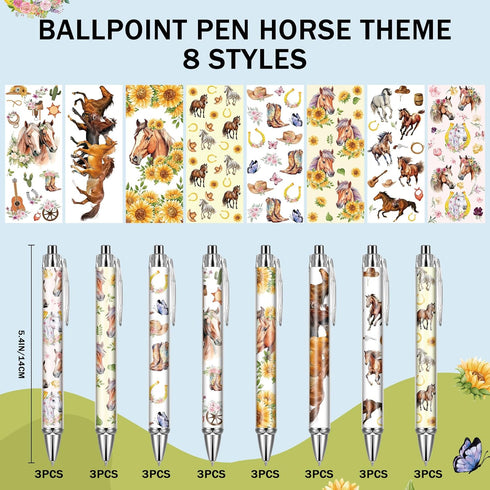 Horse Ballpoint Pens Supplies - 24 Pcs Retractable Office Gifts Supplies, Horses Black Ink Pen, Smooth Fine Point