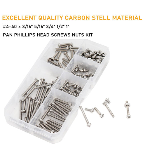 binifiMux 160pcs Assortment Kit #4-40 UNC Phillips Pan Head Machine Screws Hex Nuts, 304 Stainless Steel Silver Tone