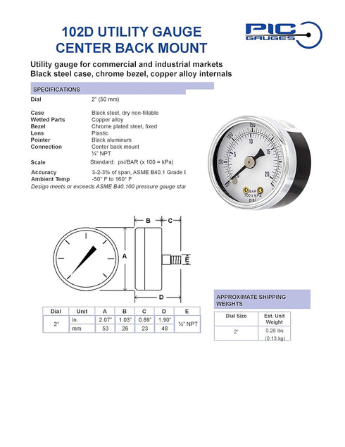 PIC Gauges 102D-204E Center Back Mount Dry Pressure Gauge, 2" Dial, 0/100 psi Range