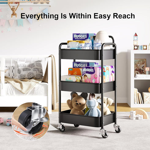 WBKATN 3 Tier Rolling Cart Metal, Black Carts with Lockable Wheels, Three Tiered Utility Trolley on Wheels, Sturdy Art