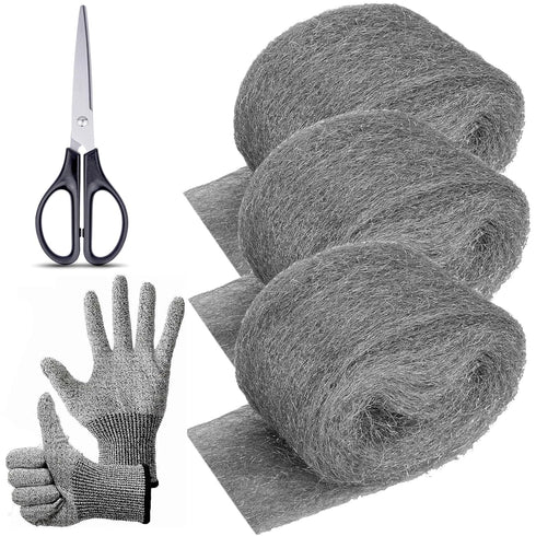 3 Pack Steel Wool Mice Control, 3.2"x10.5Ft Hole Filler for Home & Garage, DIY Bundle with Gloves & Scissors