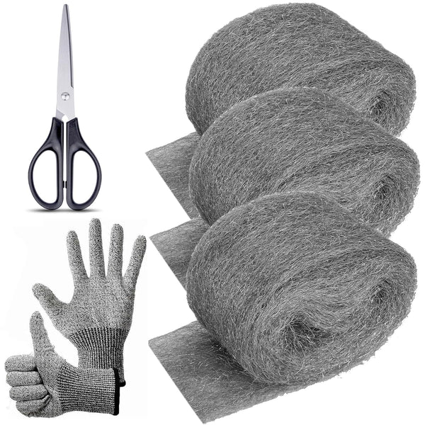 3 Pack Steel Wool Mice Control, 3.2"x10.5Ft Hole Filler for Home & Garage, DIY Bundle with Gloves & Scissors