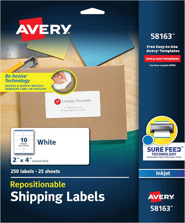 Avery Printable Repositionable Shipping Labels with Sure Feed, 2" x 4", White, 250 Blank Mailing Labels (58163)